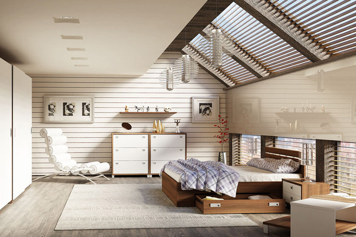 Спальня На Мансардном Этаже В Скандинавском Стиле Оформлена С Использованием Модульной Мебели.
