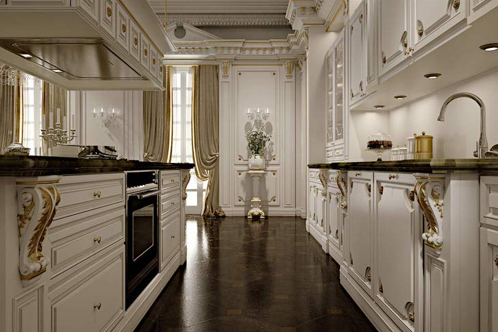 Благородный Интерьер Кухни В Бело-Золотых Тонах Свидетельствует О Хорошем Вкусе Владельца Дома. 