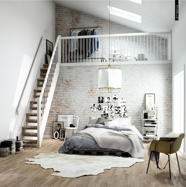 Спальня В Скандинавском Стиле Функционально Разделена На Две Зоны. Деревянная Лестница Ведет На Второй Этаж, Где На Кроватью Располагается Небольшая Гардеробная.